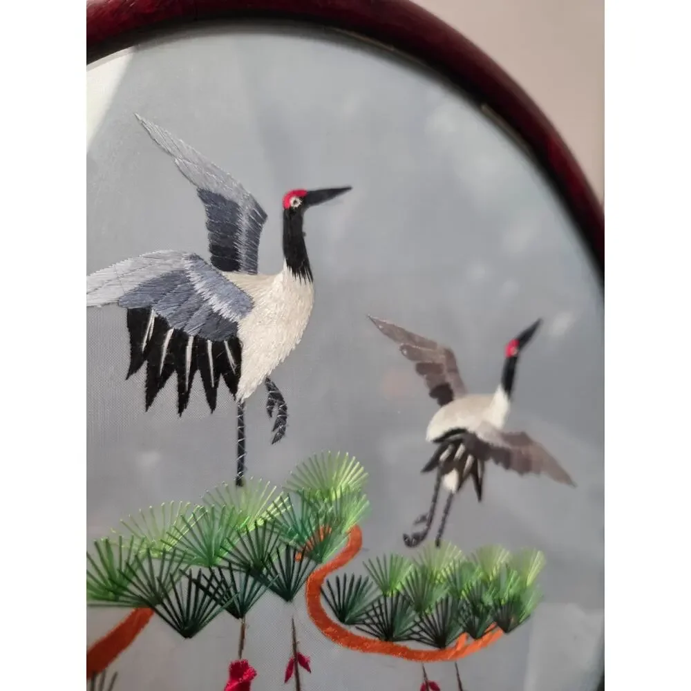 Vintage Chinese Suzhan Spun Silk Hand Embroidered Cranes In Double Sided Frame
